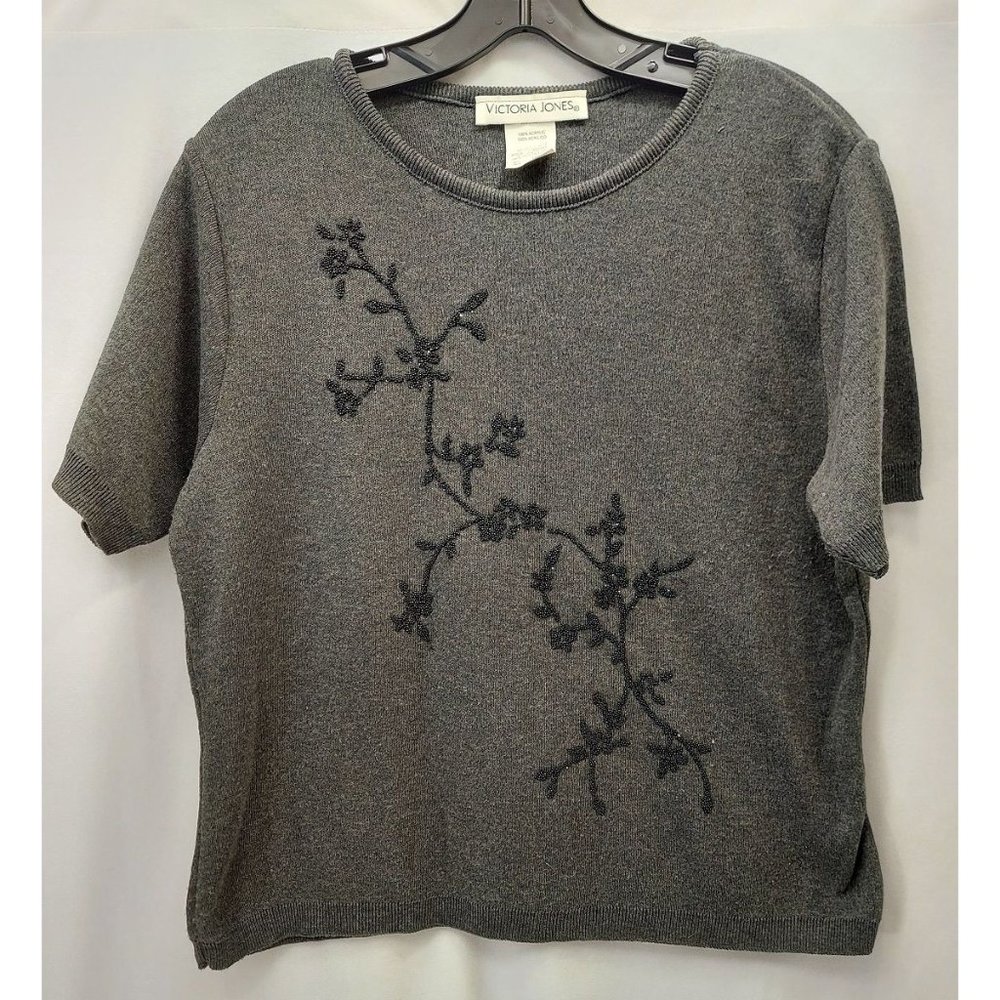 Women's L Grey Knit Top w/Beaded Accent-M5